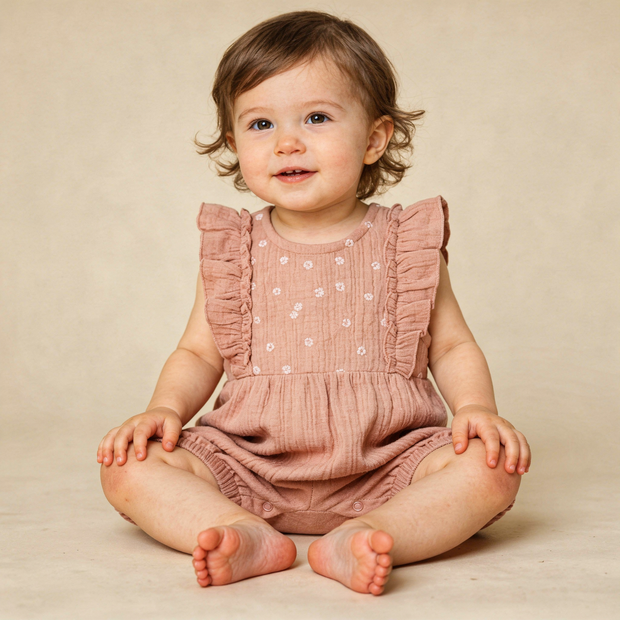 Organic Embroidered Ruffle Romper - Clay