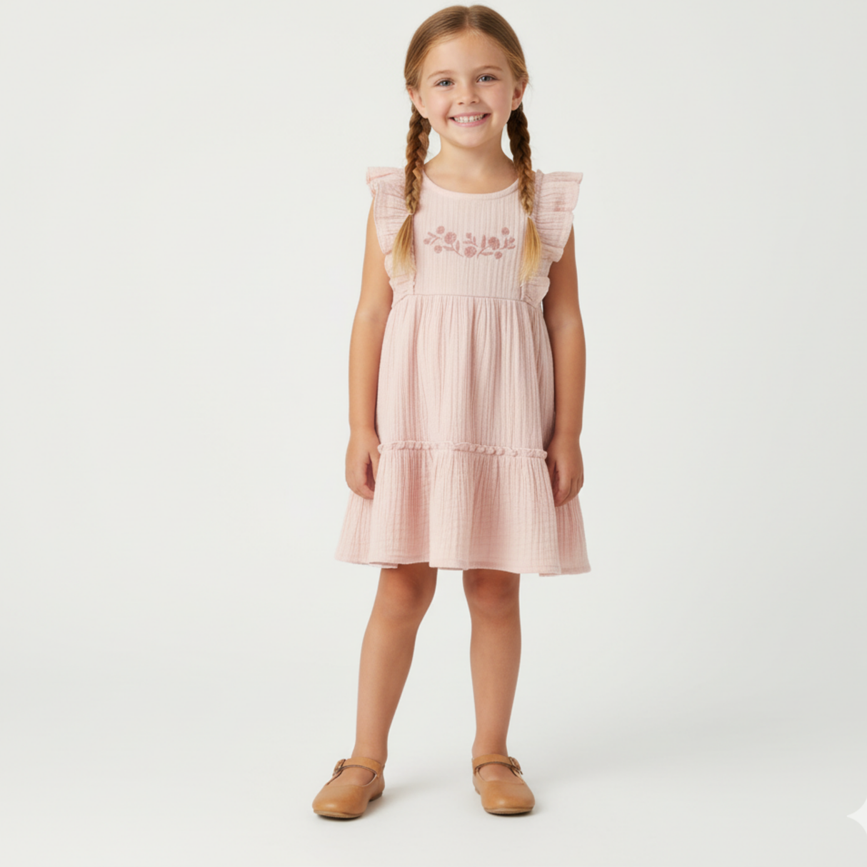 Organic Embroidered Tiered Dress - Blush