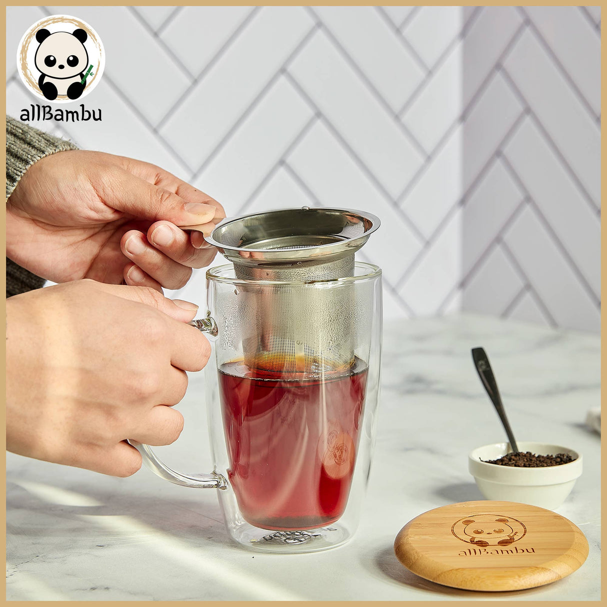 Double Wall Mug with Bamboo Lid and Tea Diffuser - 15oz (450ml)