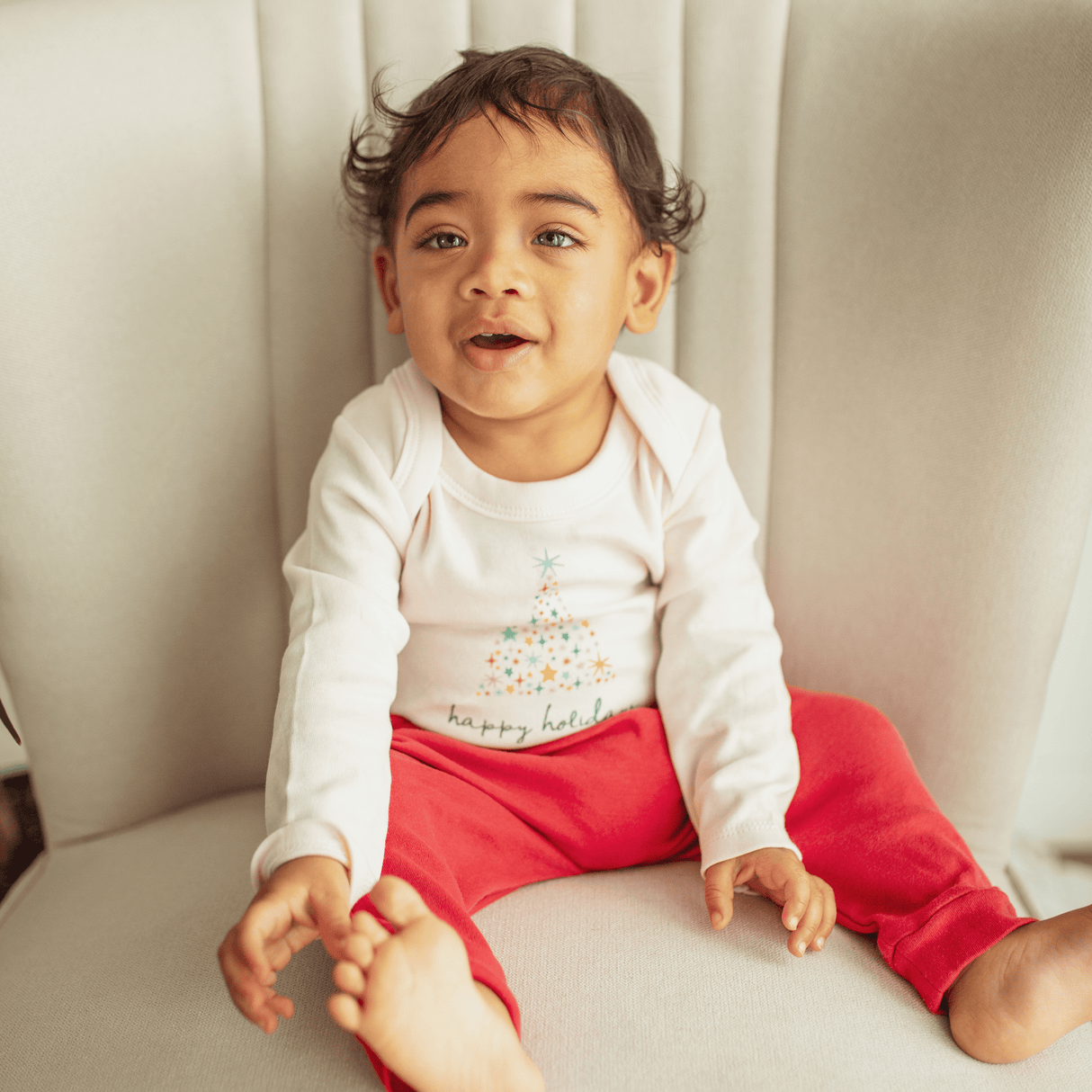 long sleeve graphic bodysuit | happy holidays tree