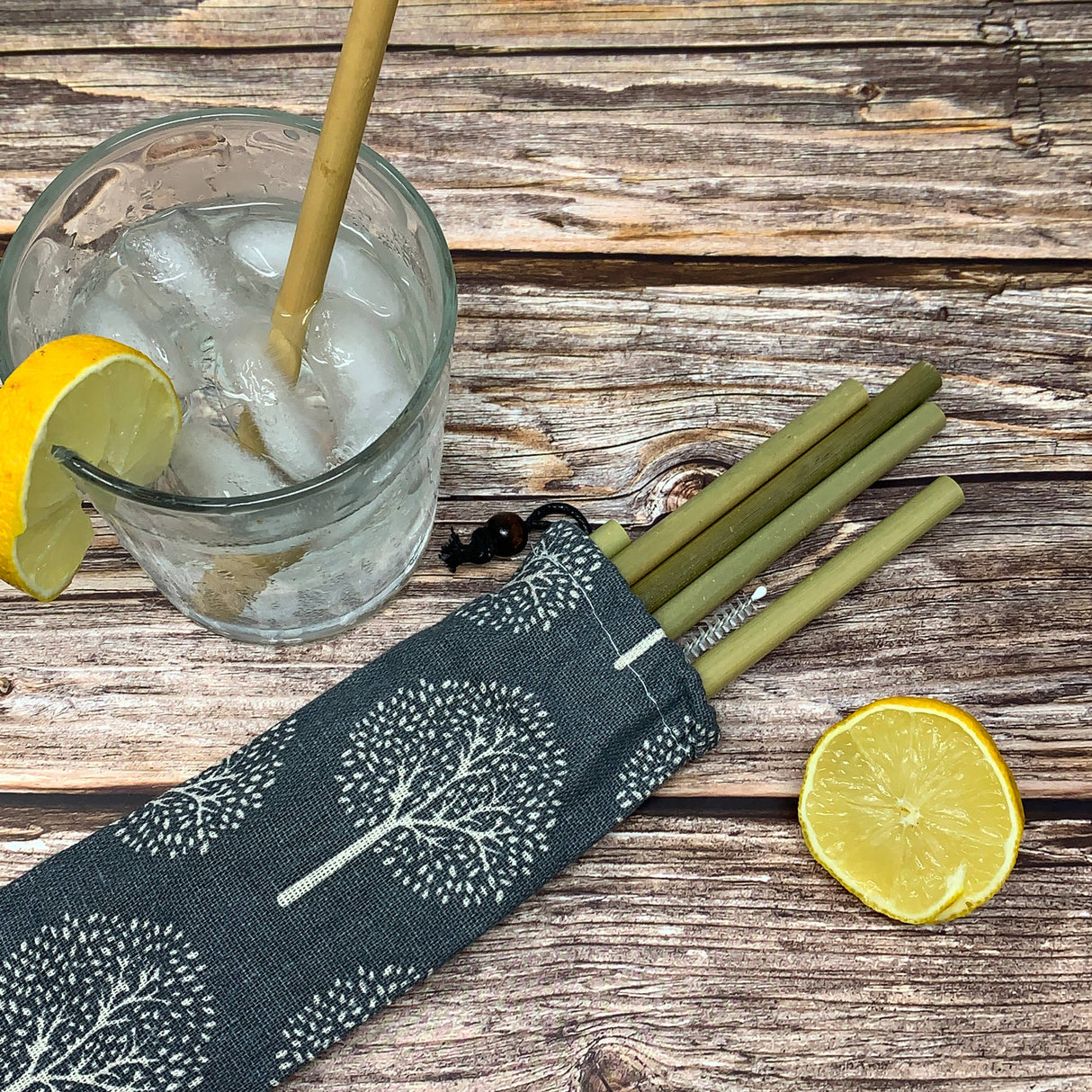 Bamboo Straw Set of 5 with Natural Cotton Pouch