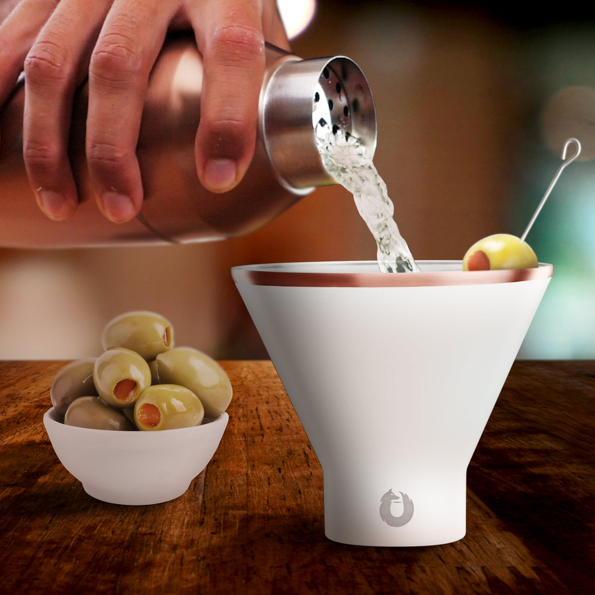 Stainless Steel Cocktail Shaker and Martini Glass Set, Gold and White