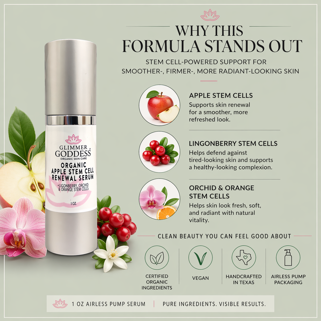 Organic Apple Stem Cell Serum for Anti-Aging | Lingonberry, Orchid & Orange Stem Cells for Hydration & Wrinkle Defense