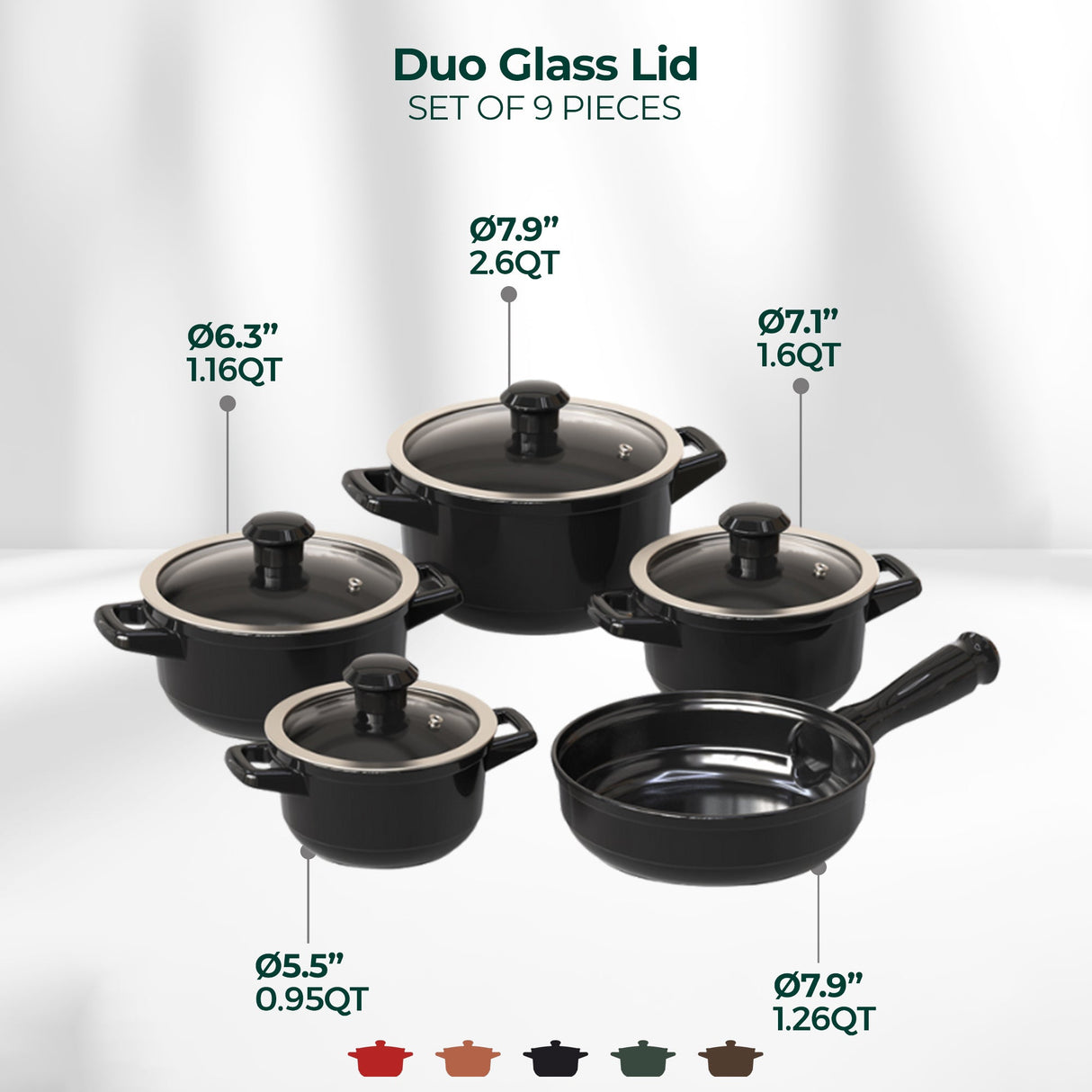 Duo 9 Piece Ceramic Cookware Set - Glass Lid