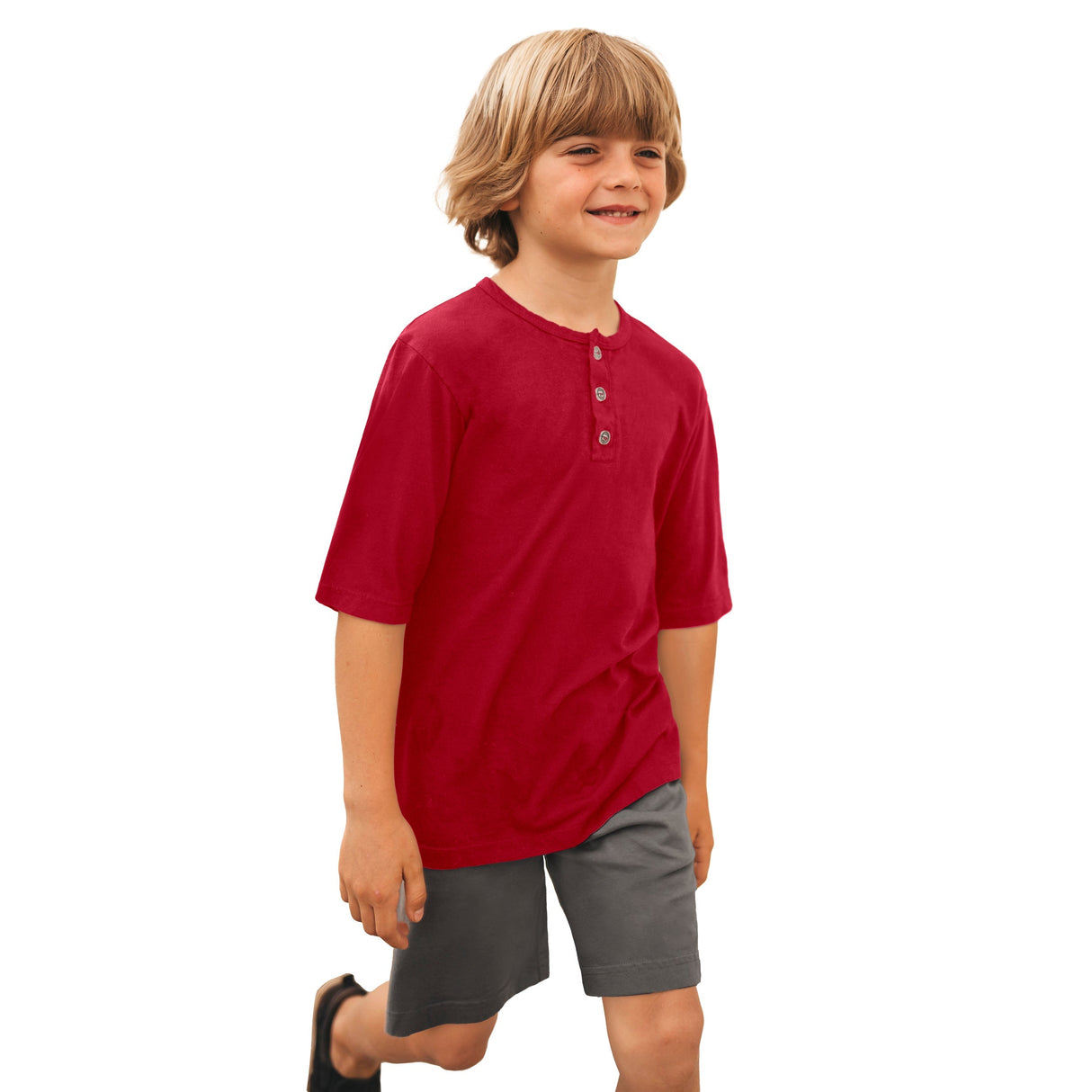 Boys Soft Organic Cotton Jersey Short Sleeve Henley Tee | Red