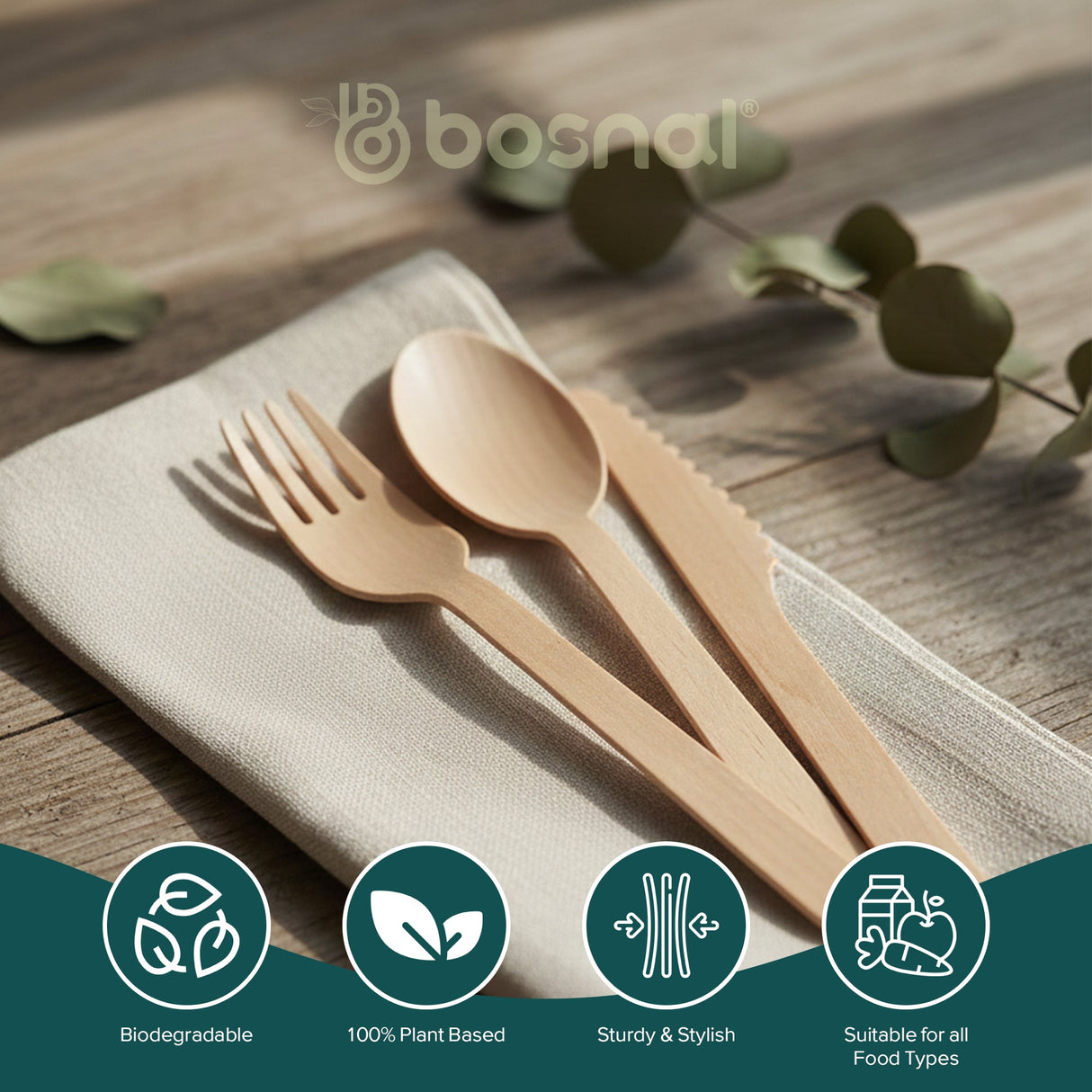 Bosnal – Wooden Disposable Cutlery Set, 6.5 inch, 100 Pcs