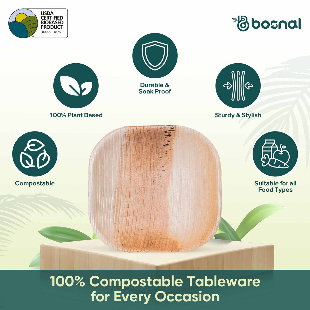 Bosnal - Palm Leaf Biodegradable Plates, 4 inch, Square