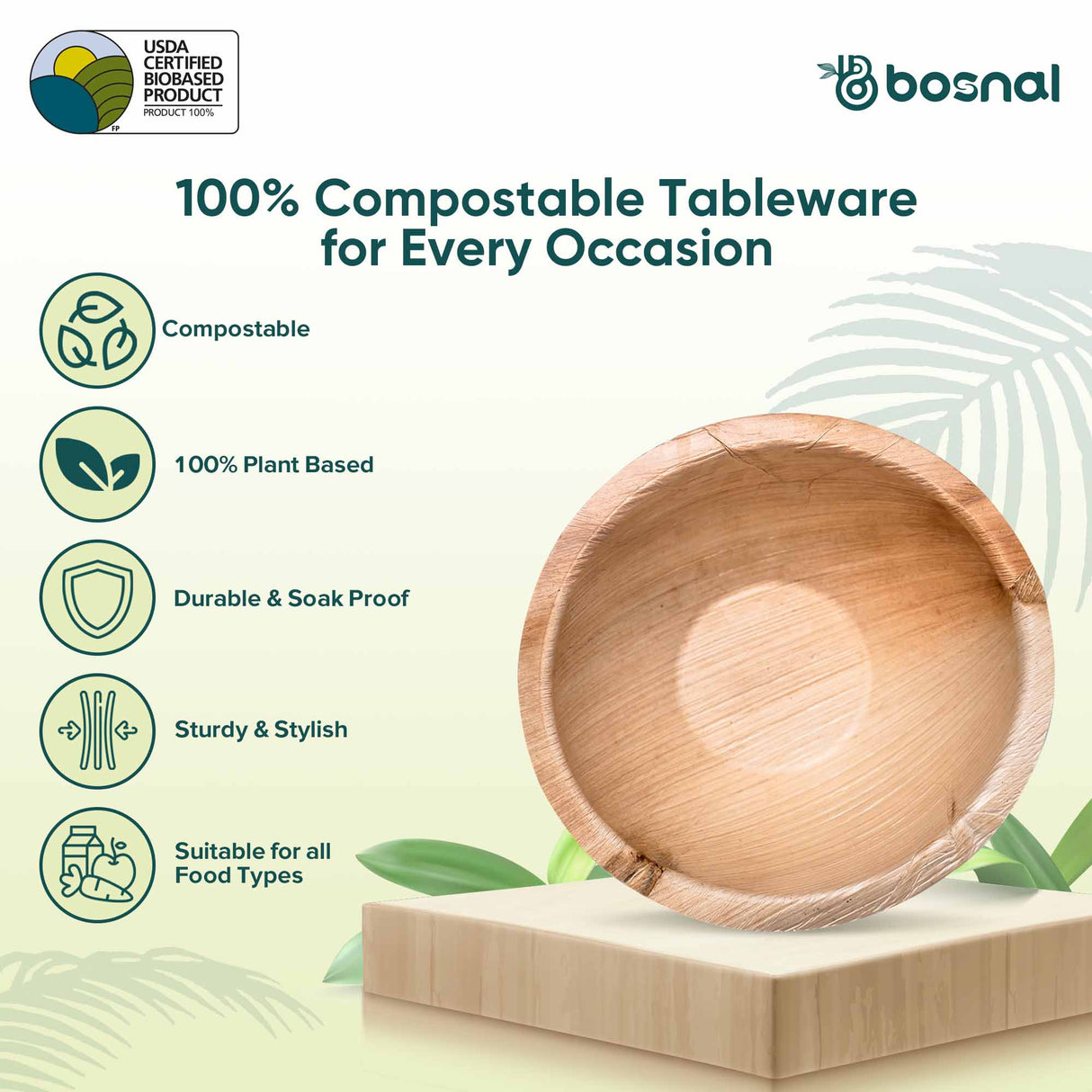 Bosnal - Palm Leaf Bowl, 6 inch, Round , 25 Pcs