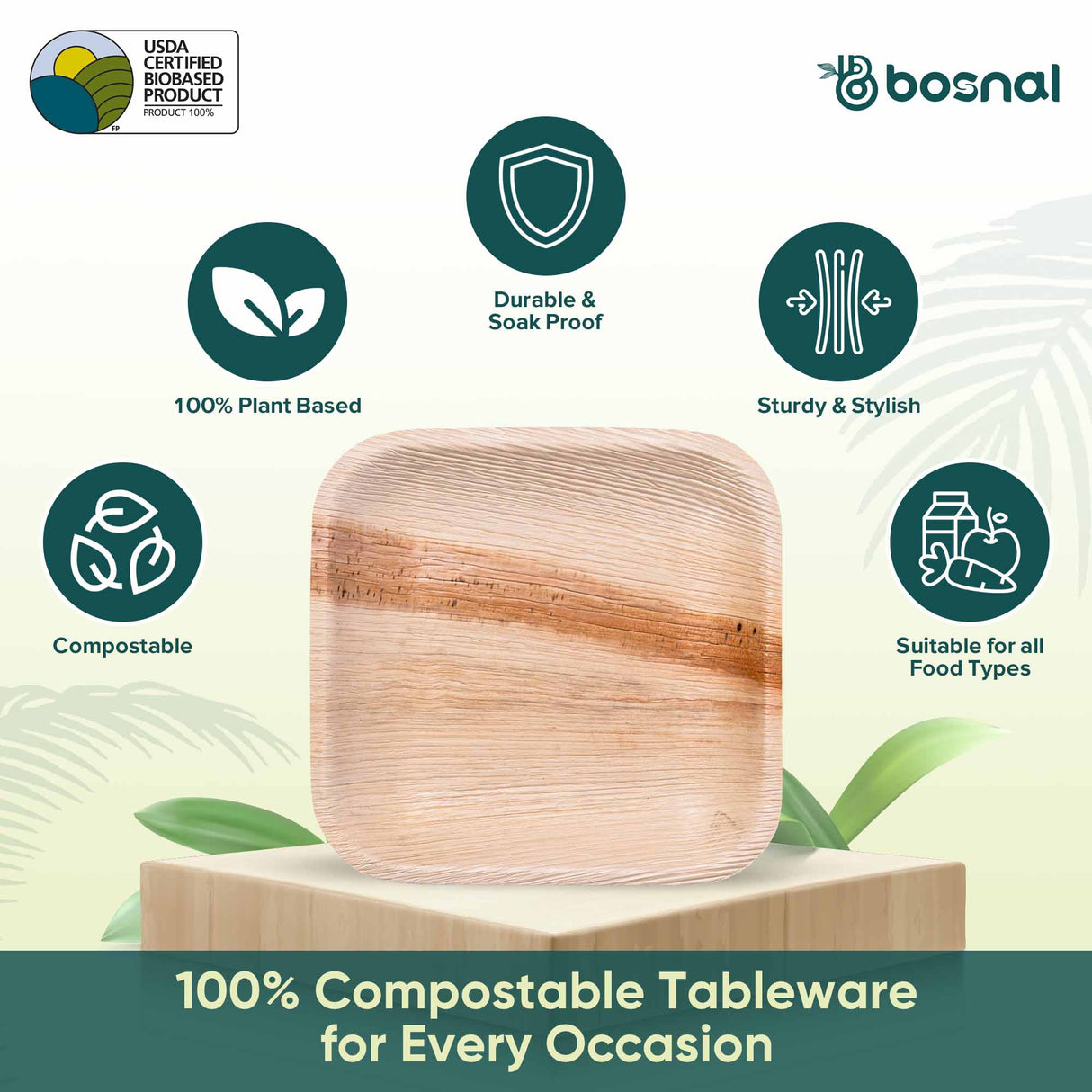 Bosnal - Palm Leaf Biodegradable Plates; 7 inch, Square