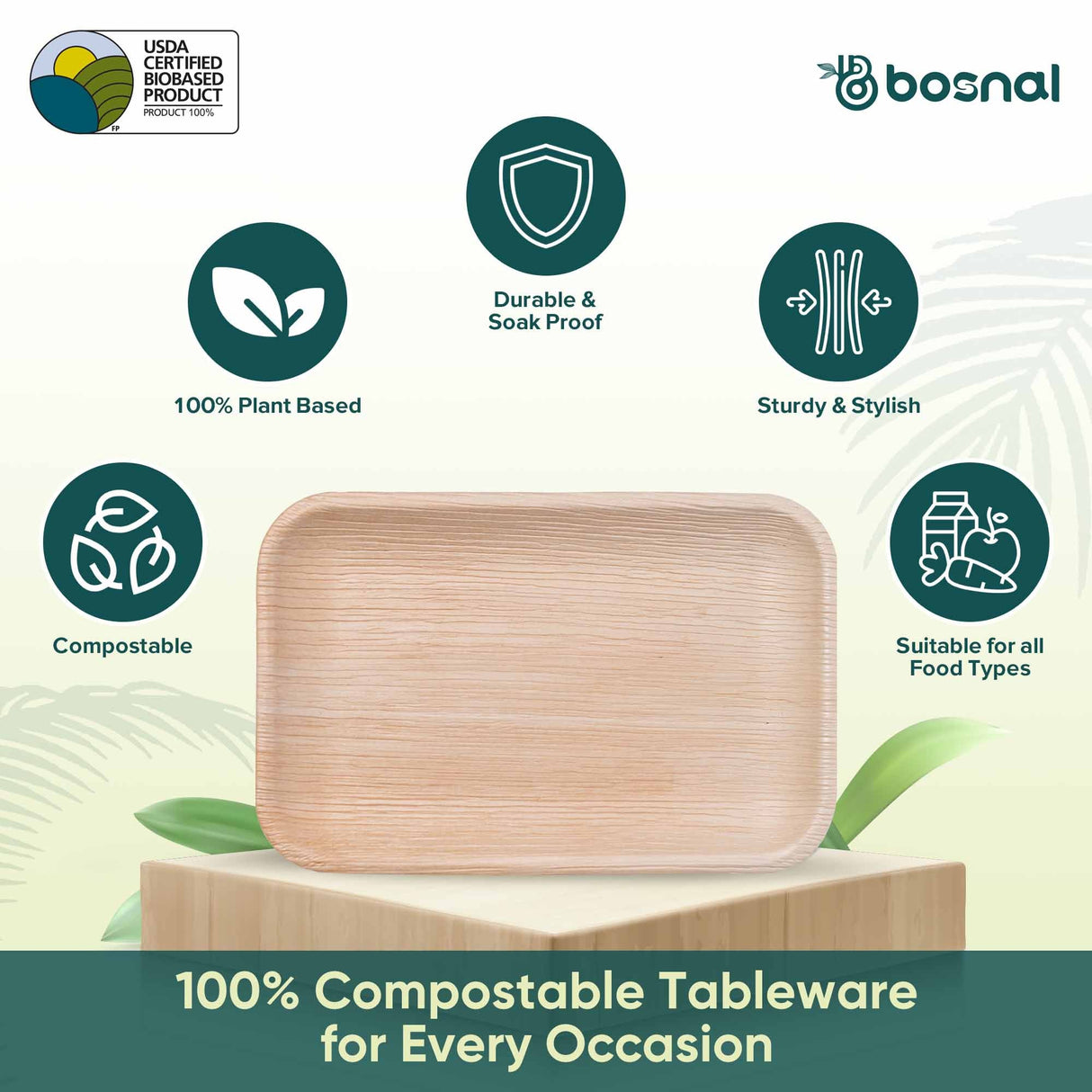 Bosnal - Palm Leaf Biodegradable Plates, 9 x 6 inch Rectangle