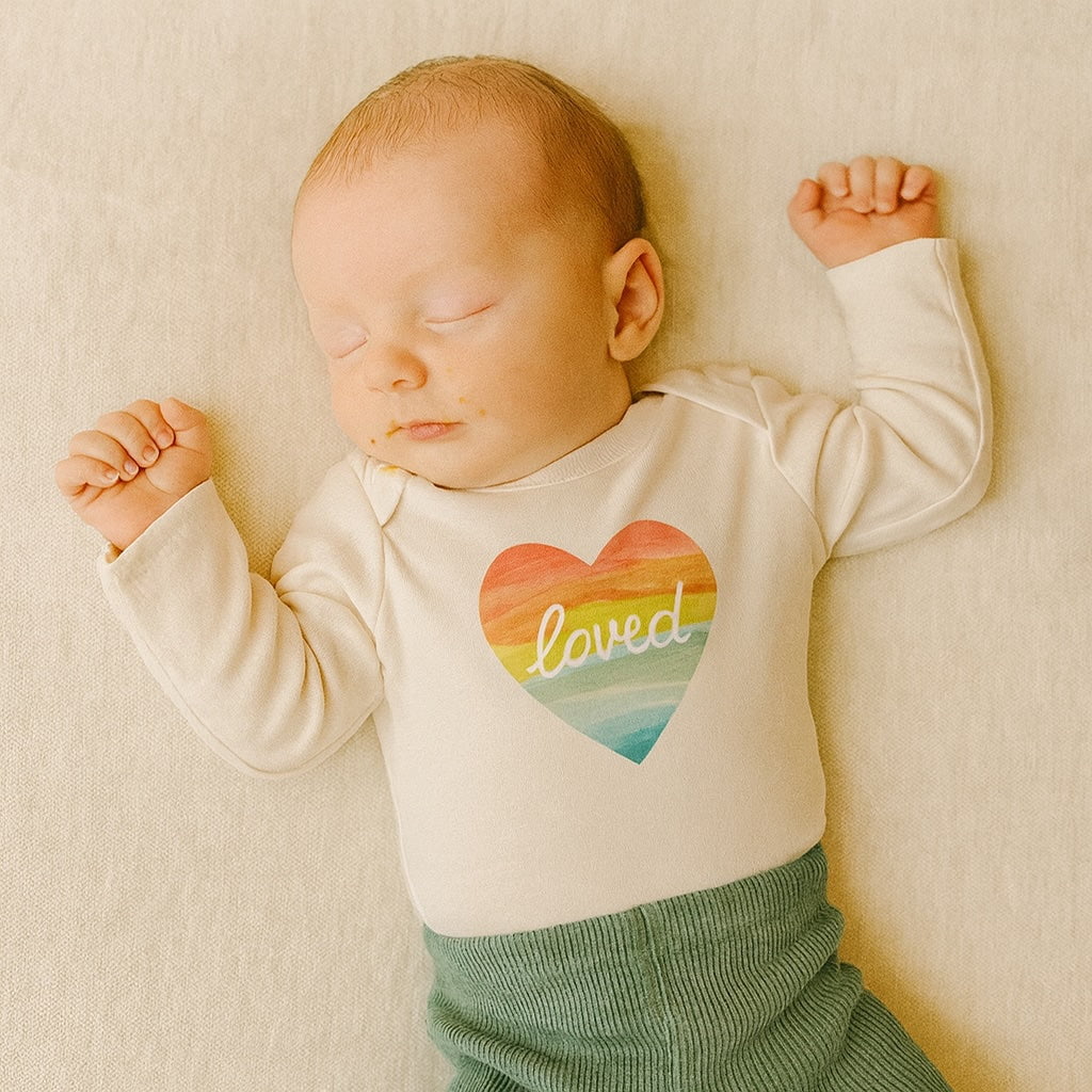 long sleeve graphic bodysuit | loved rainbow heart