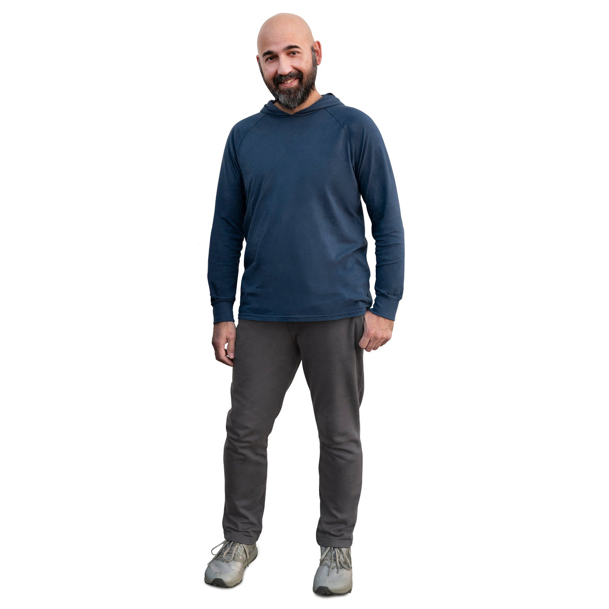 Men's Soft 100% Cotton Medium-Weight Long Sleeve Hooded Tee With Cuffs | Midnight