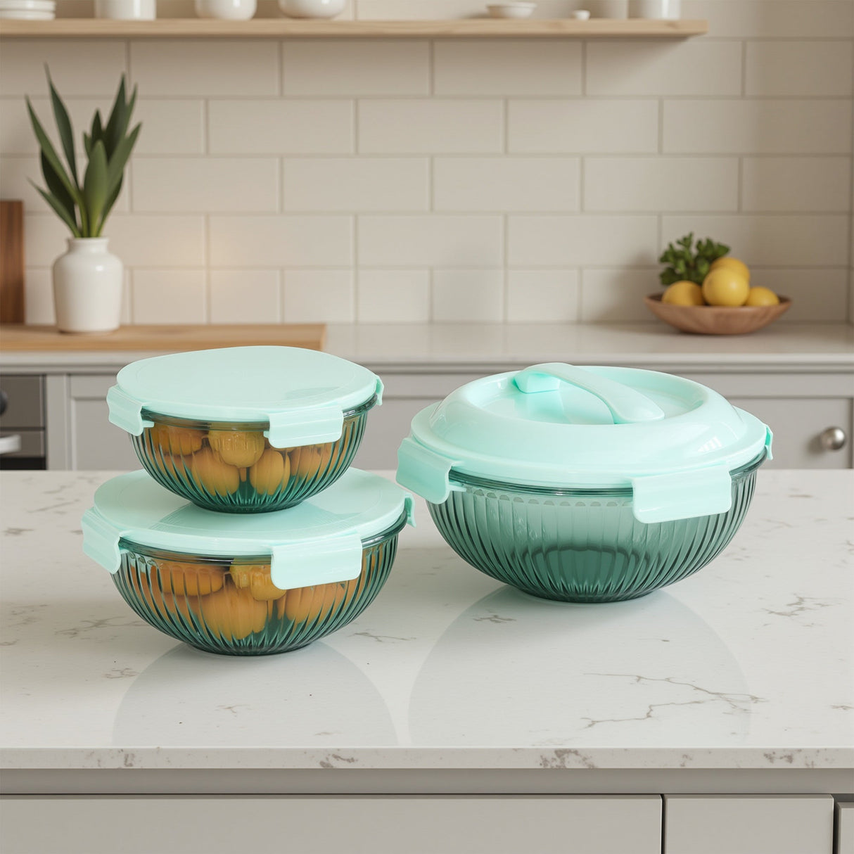 Borosilicate Glass Mixing Bowl Set- Diamond Blue (W/ Handle)