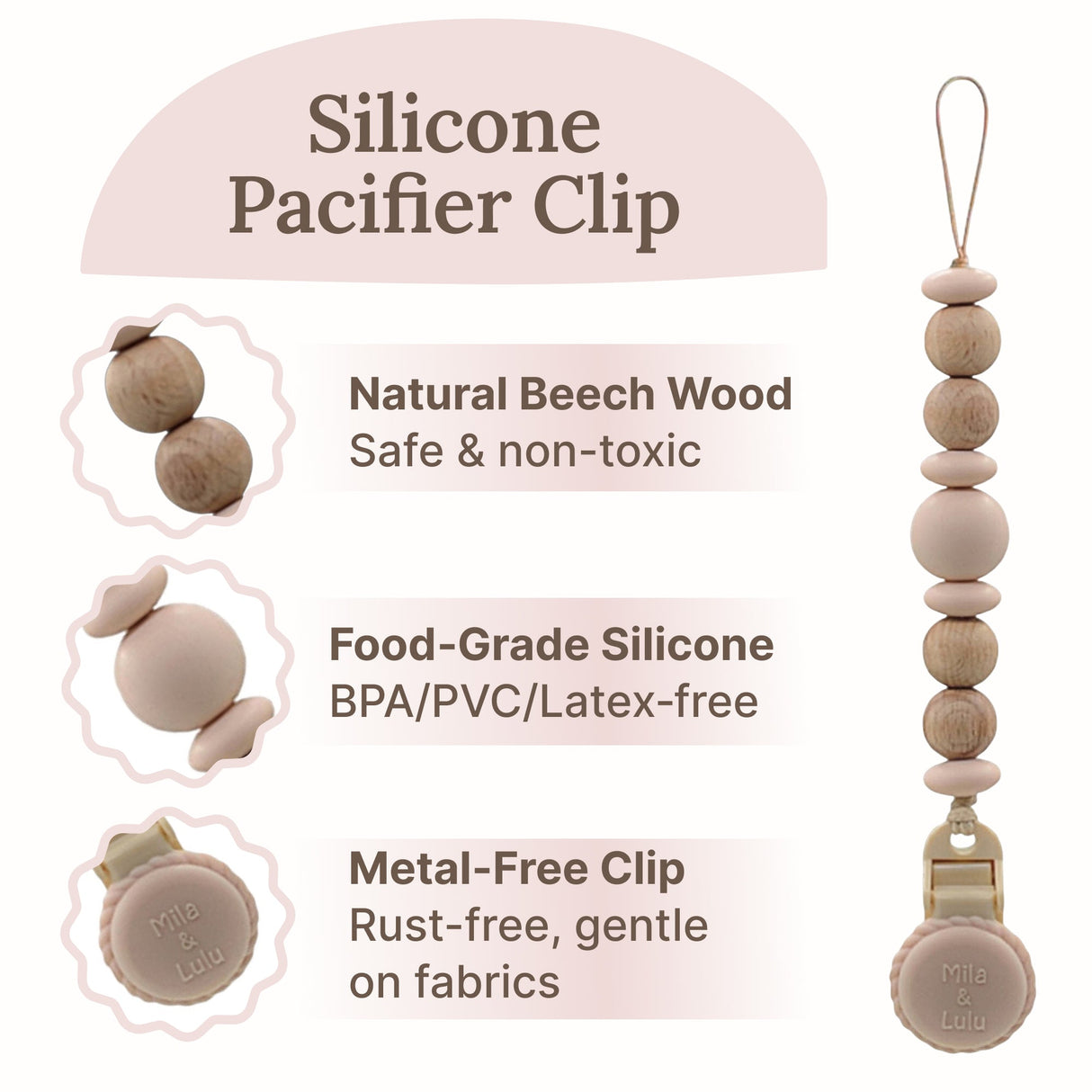 Metal-Free Beaded Silicone and Beech Wood Pacifier Clips