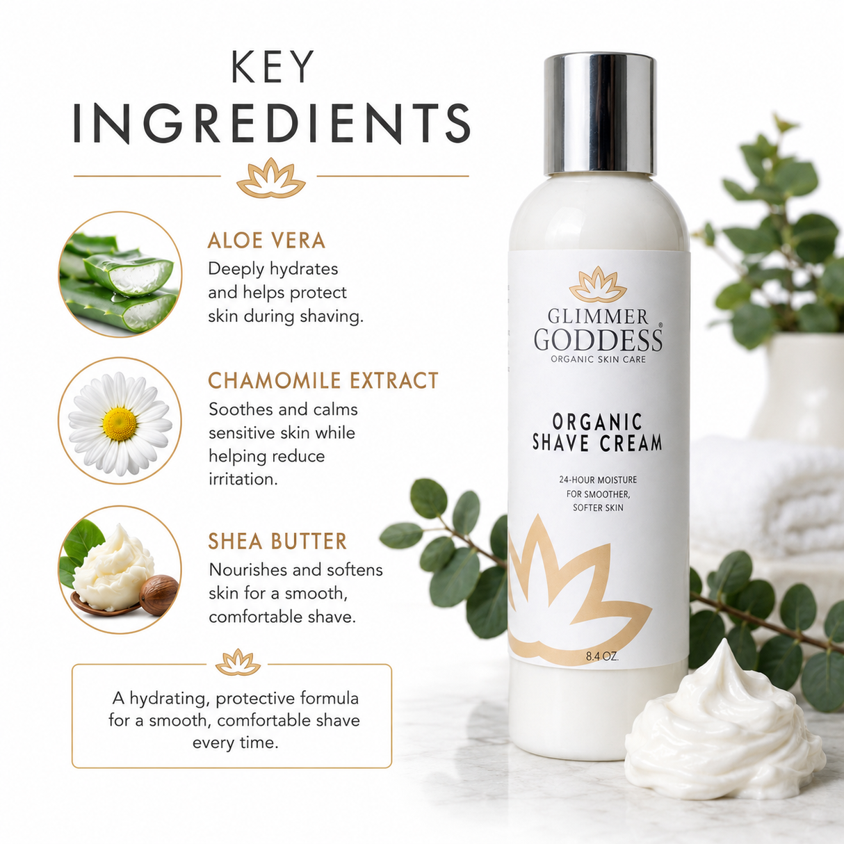 Glimmer Goddess’ Best Organic Shave Cream with Aloe, Coconut Oil, & Shea Butter