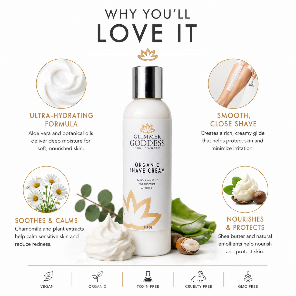 Glimmer Goddess’ Best Organic Shave Cream with Aloe, Coconut Oil, & Shea Butter