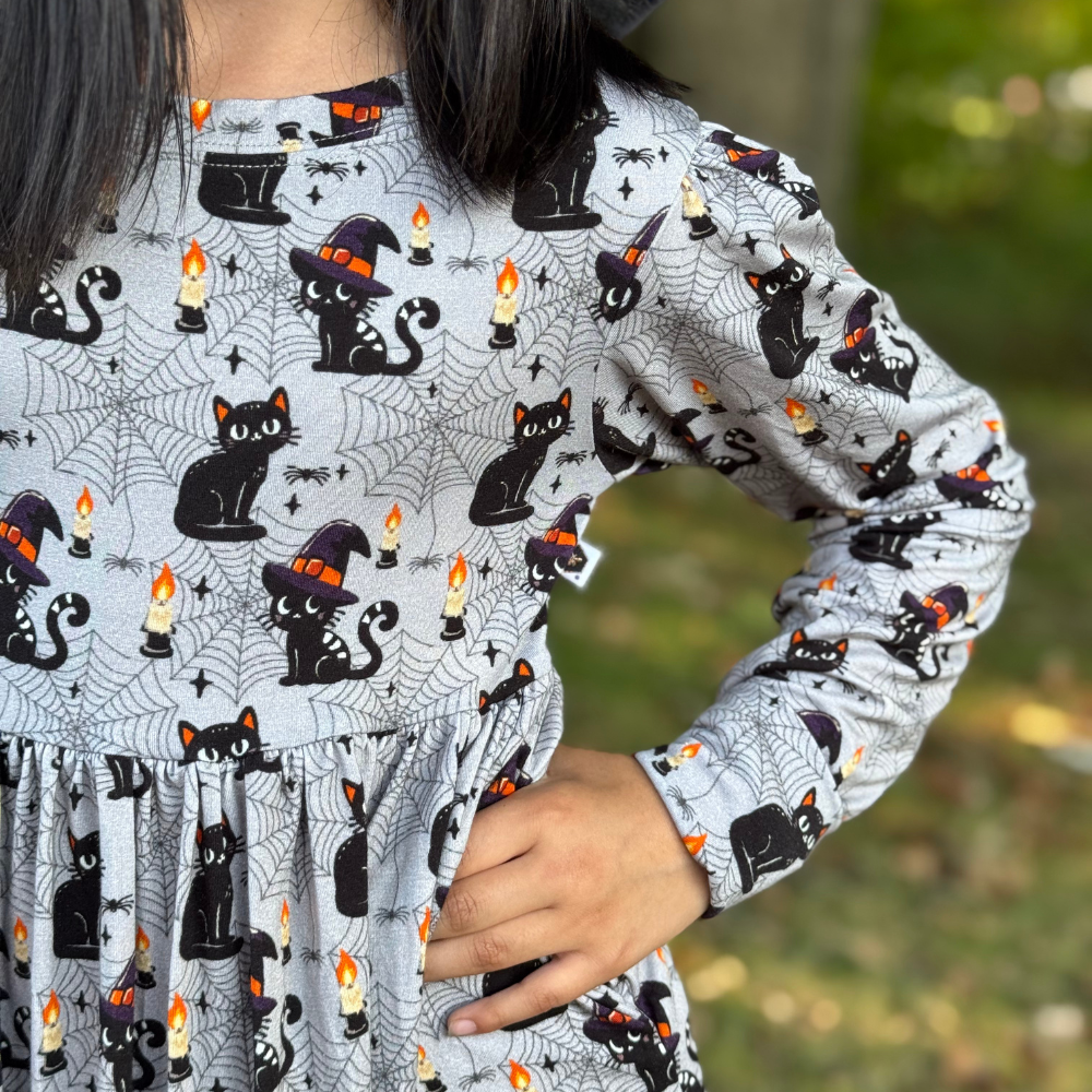 Bamboo Long Sleeve Twirl Dress in Purrfectly Spooky
