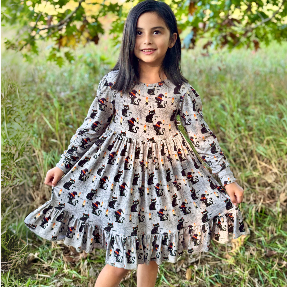 Bamboo Long Sleeve Twirl Dress in Purrfectly Spooky