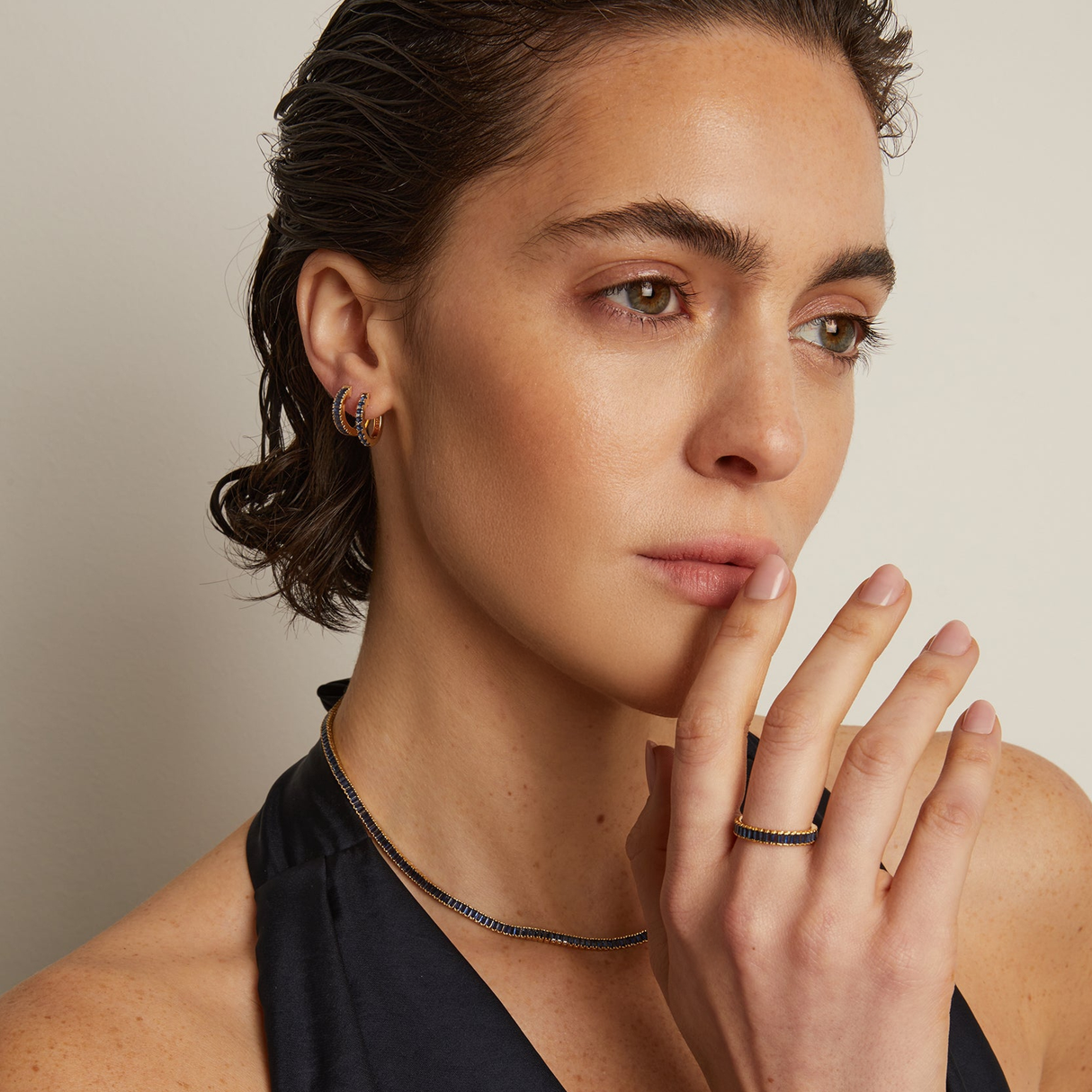 Lab Grown Blue Sapphire Baguette Huggie Earrings