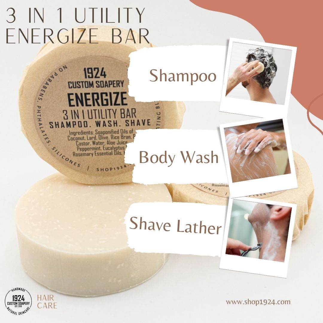 Energize 3-in-1 Utility Bar: Shampoo. Wash. Shave.