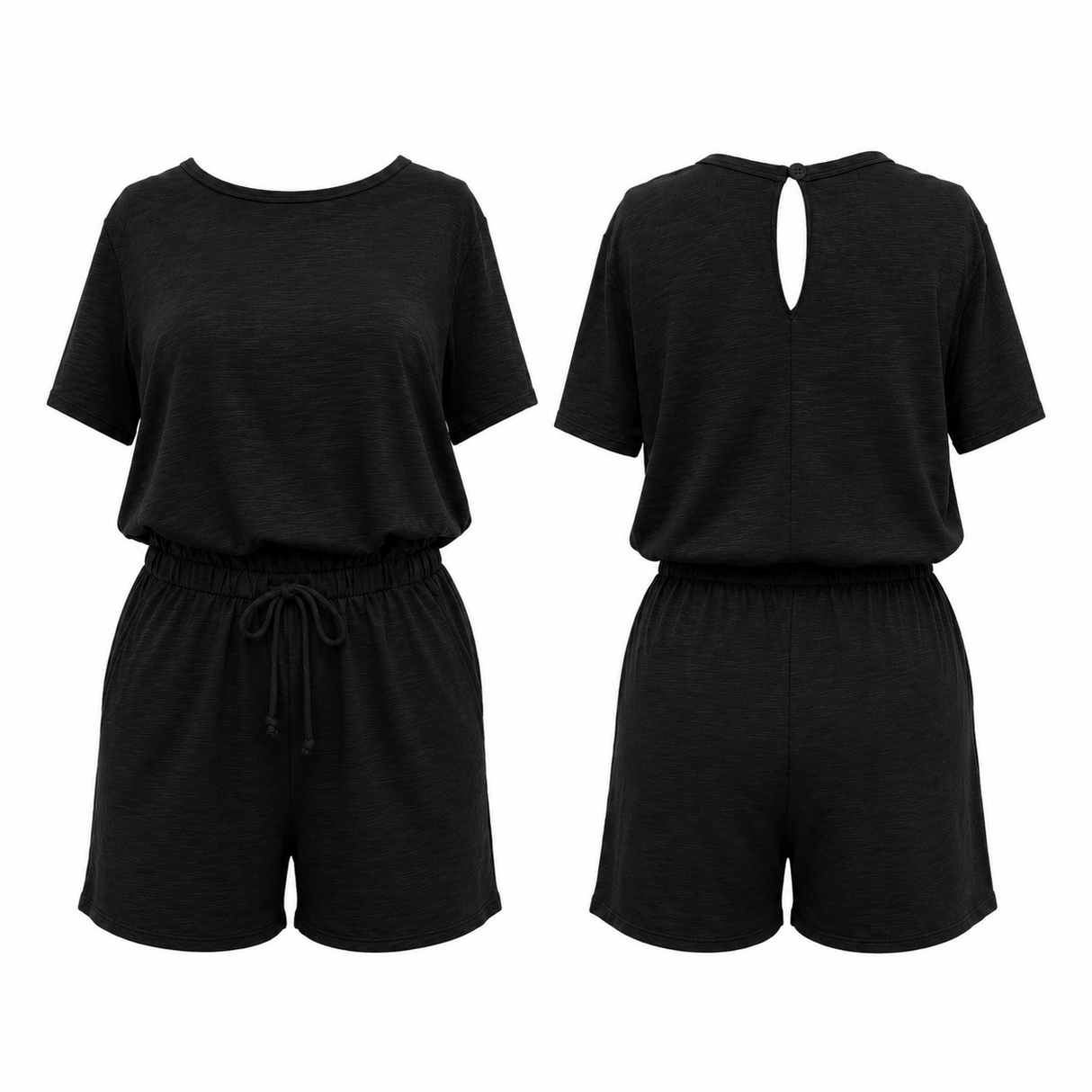 Sandy Short Sleeve Drawstring Romper - Black