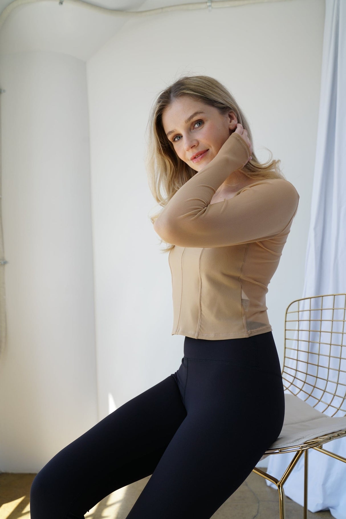 Hailey Mesh and Cotton Long Sleeve Top - Latte