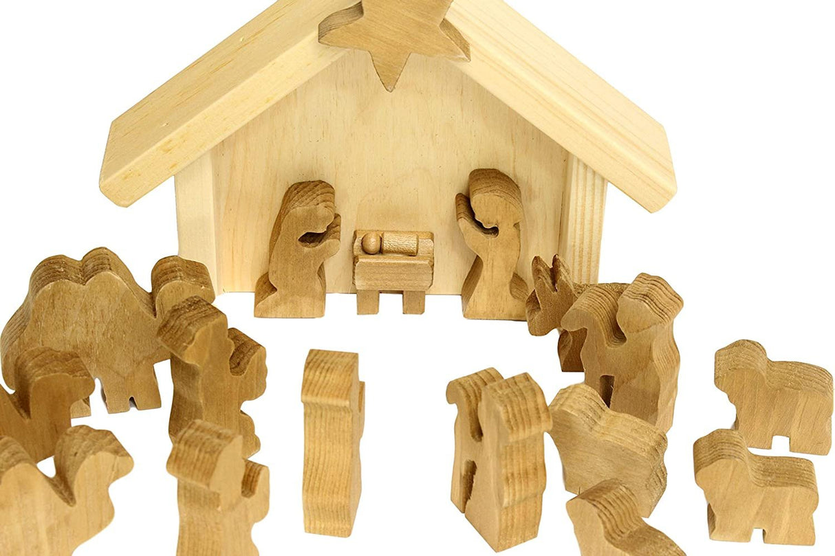 AmishToyBox.com Wooden Nativity Manger Scene Set, 14 Pieces