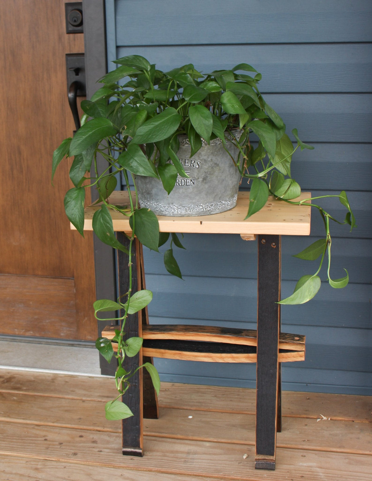 Rustic Wooden Plant Stand or End Table with Wormy Maple Top and Barrel Stave Legs