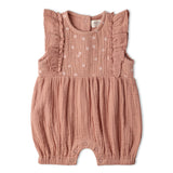 Organic Embroidered Ruffle Romper - Clay