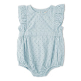 Organic Eyelet Flutter Romper - Light Blue Eyelet
