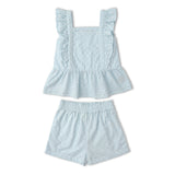 Organic Eyelet Flutter Top And Shorts Set - Light Blue Eyelet