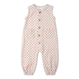 Organic Buttoned Jumpsuit - Brick Checks