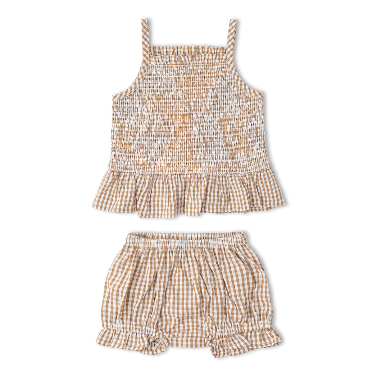 Organic Smocked Top And Bloomer Set - Caramel Check