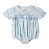 Organic Smocked Button Romper - Light Blue