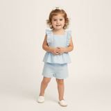 Organic Eyelet Flutter Top And Shorts Set - Light Blue Eyelet