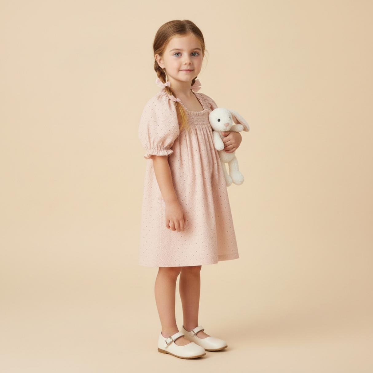 Organic Eyelet Bubble Sleeve Dress - Blush Eyelet
