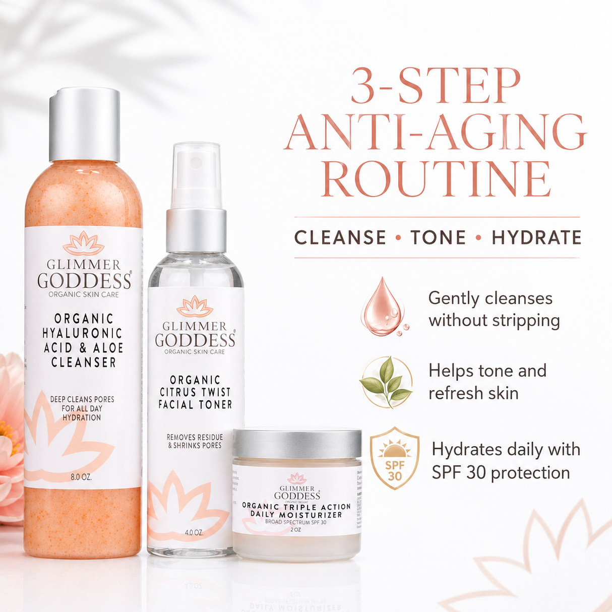 Organic 3 Step Anti-Aging Skin Care Kit - Cleanse, Tone, Hydrate
