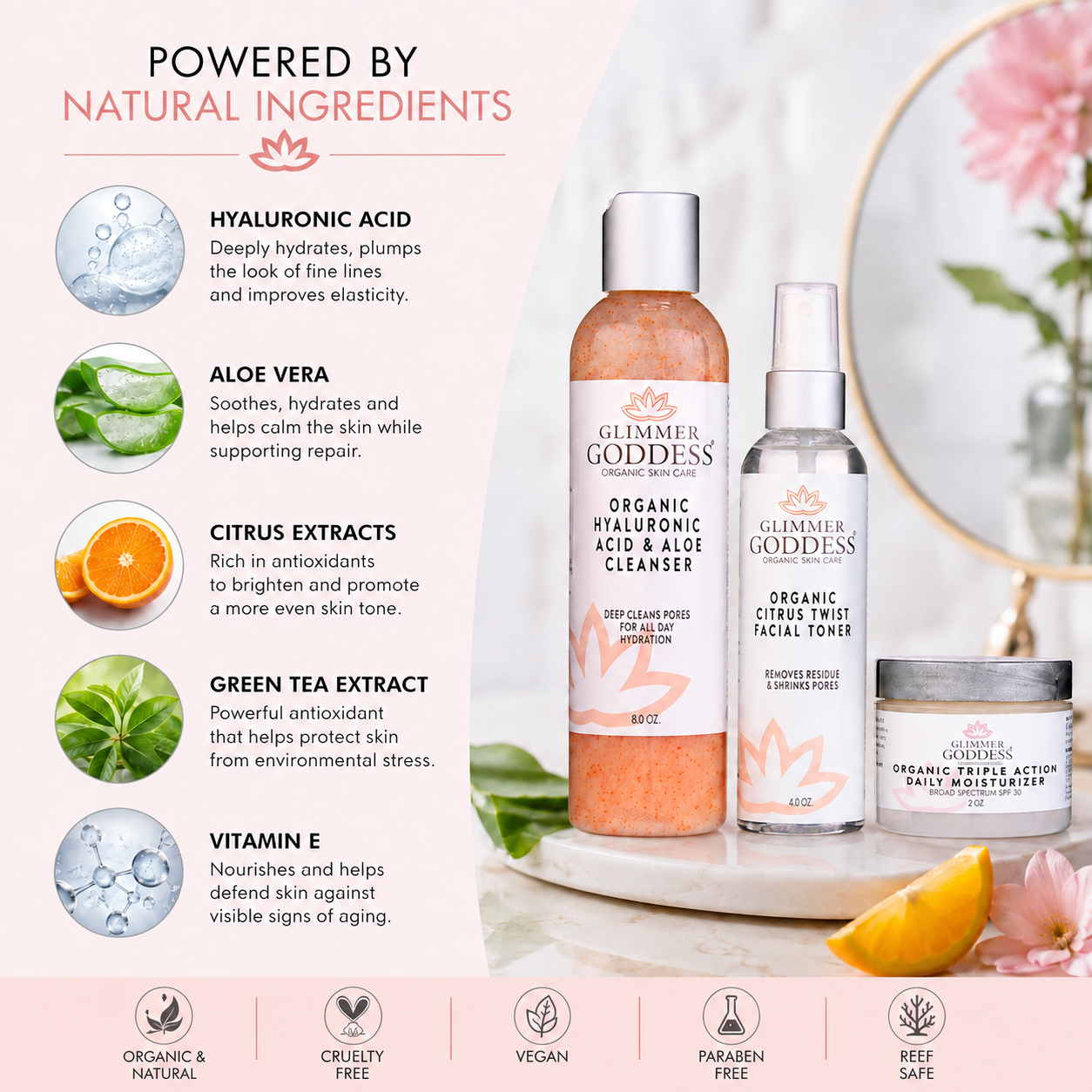 Organic 3 Step Anti-Aging Skin Care Kit - Cleanse, Tone, Hydrate