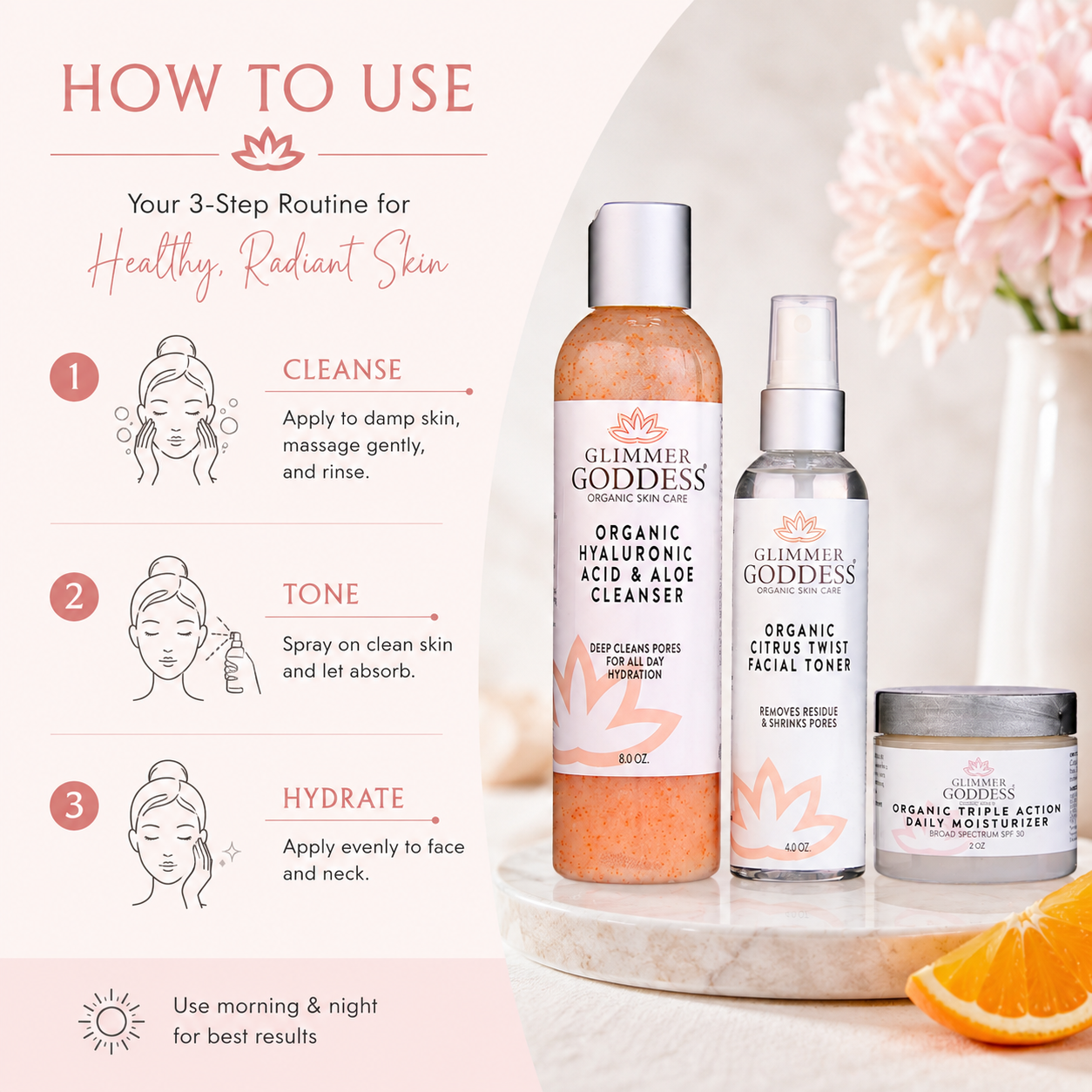 Organic 3 Step Anti-Aging Skin Care Kit - Cleanse, Tone, Hydrate