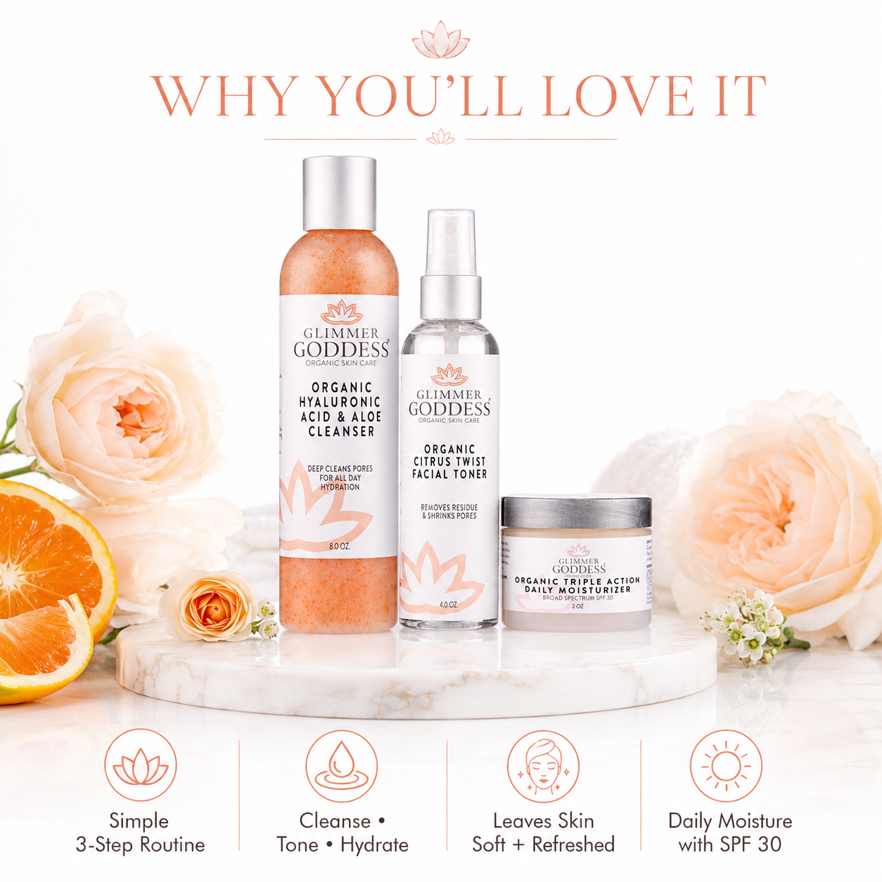 Organic 3 Step Anti-Aging Skin Care Kit - Cleanse, Tone, Hydrate