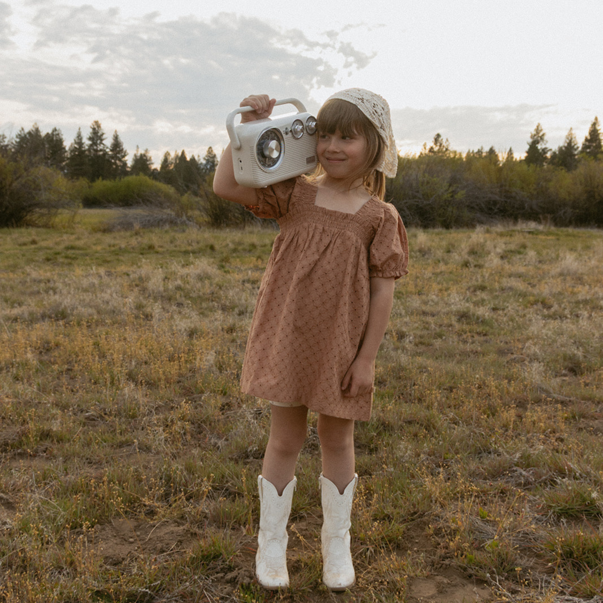 Organic Eyelet Bubble Sleeve Dress - Clay Eyelet