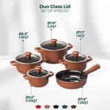 Duo 9 Piece Ceramic Cookware  Set - Glass Lid