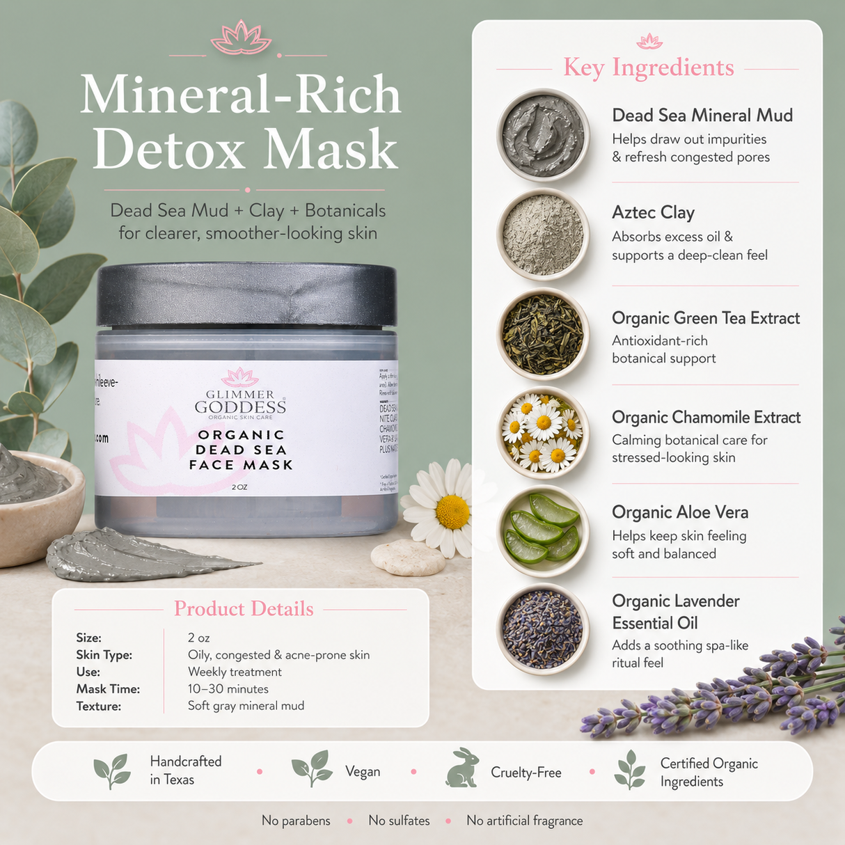 Organic Dead Sea Mud Mask With Bentonite Clay - Exfoliate & Rejuvenate