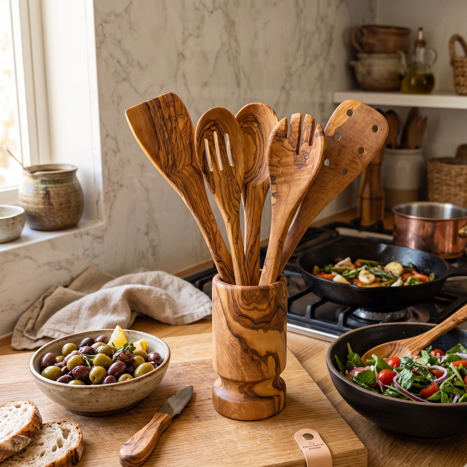 Olive Wood Kitchen Servers Set w/Holder -6 Pcs