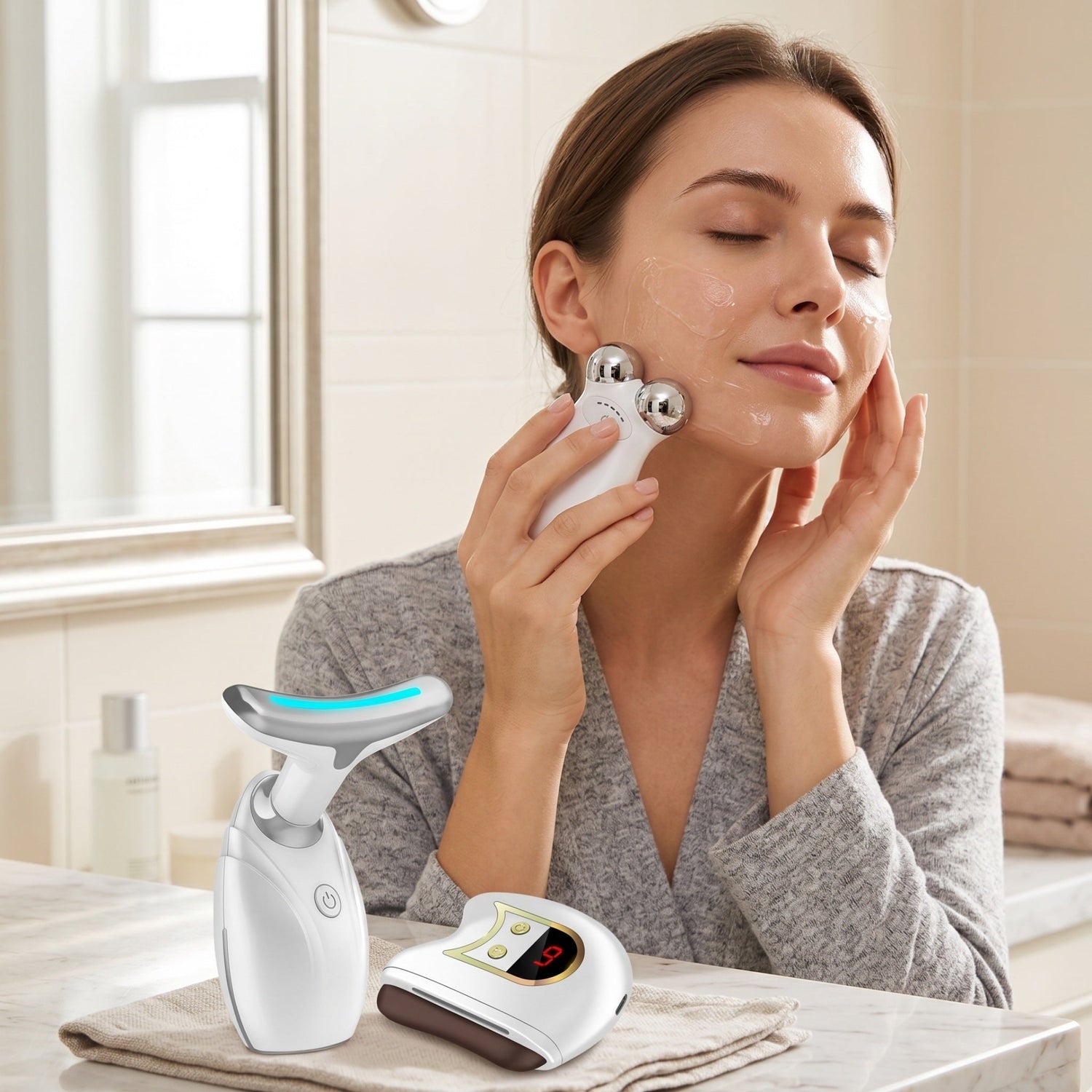 Lift, Sculpt & Glow Toolkit -Set of 3 LED Therapy, Electric Gua Sha & Microcurrent Toning Device for Radiant Skin