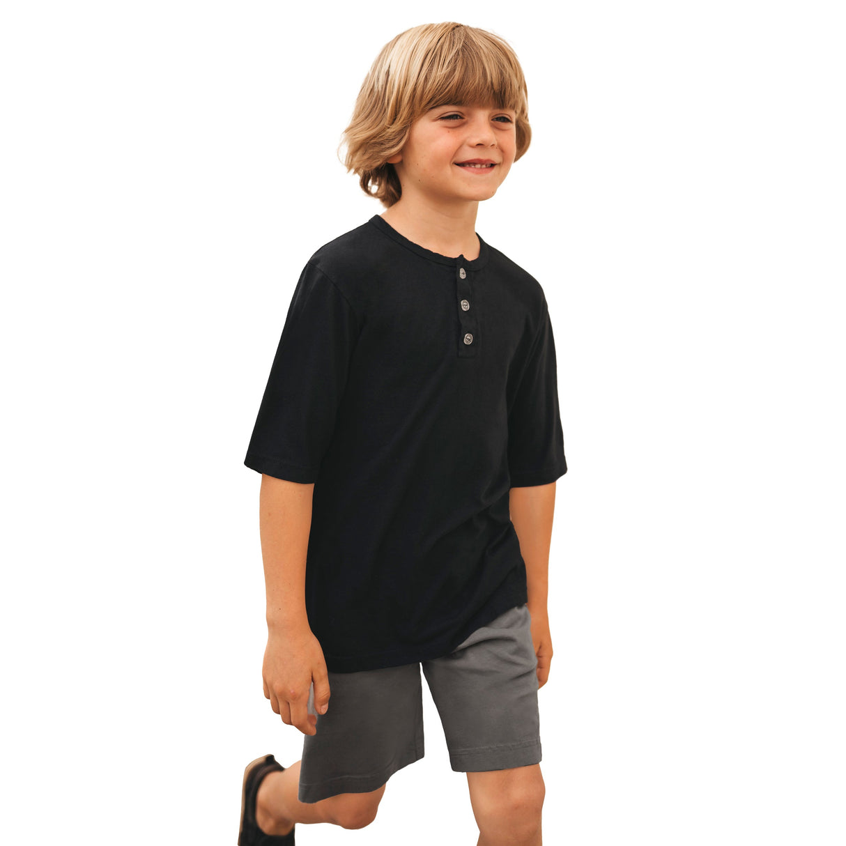 Boys Soft Organic Cotton Jersey Short Sleeve Henley Tee | Black