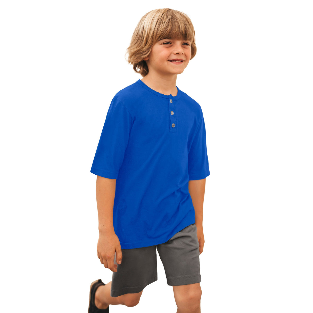 Boys Soft Organic Cotton Jersey Short Sleeve Henley Tee | Crayon Blue