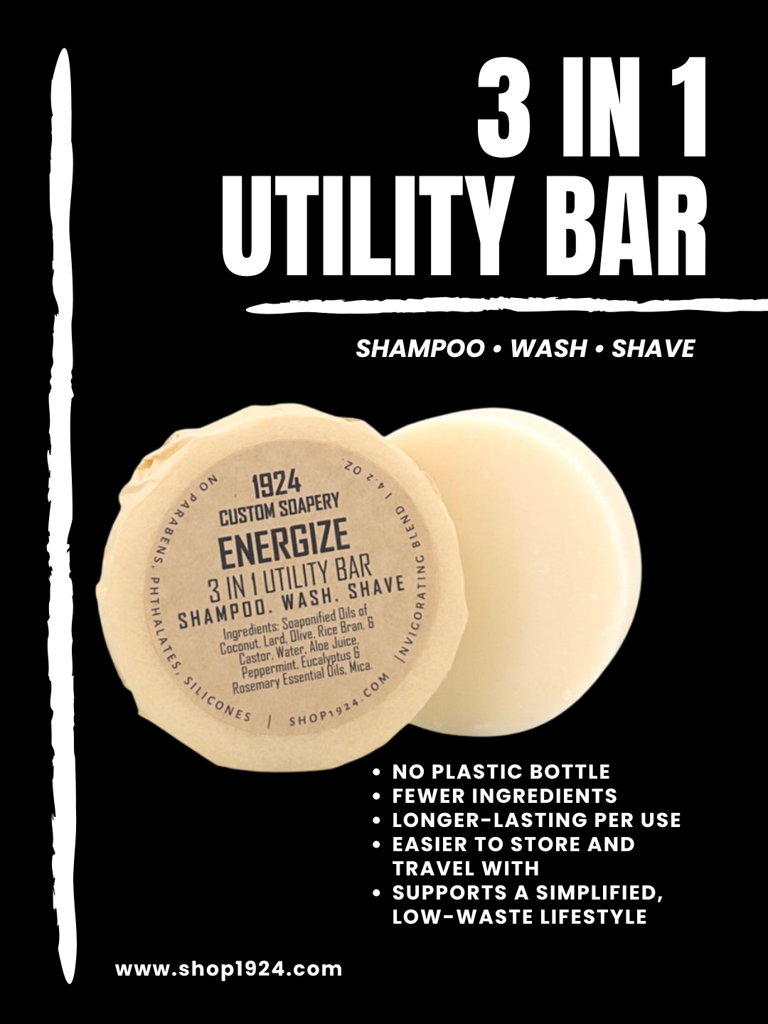 Energize 3-in-1 Utility Bar: Shampoo.  Wash. Shave.