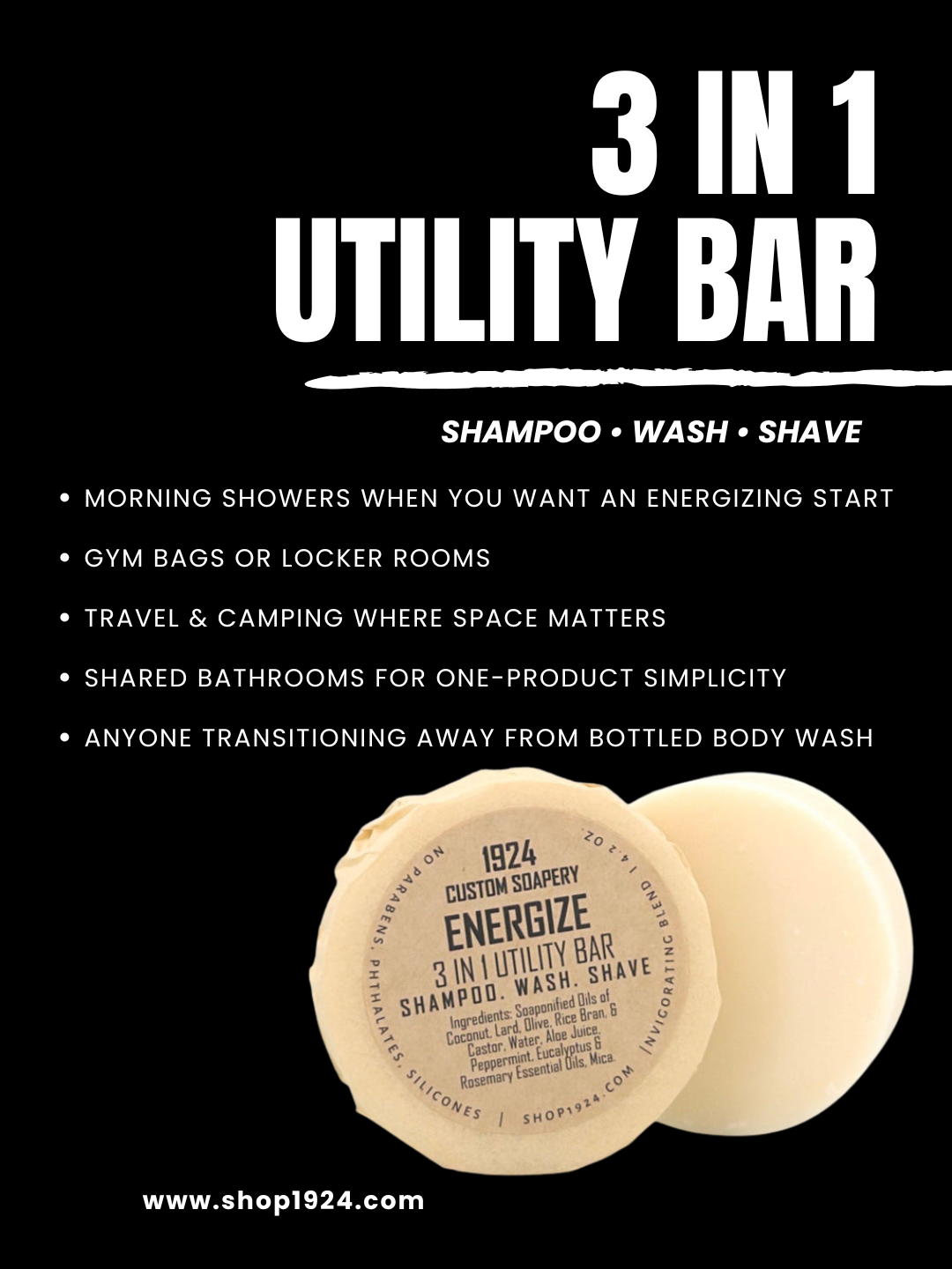 Energize 3-in-1 Utility Bar: Shampoo.  Wash. Shave.