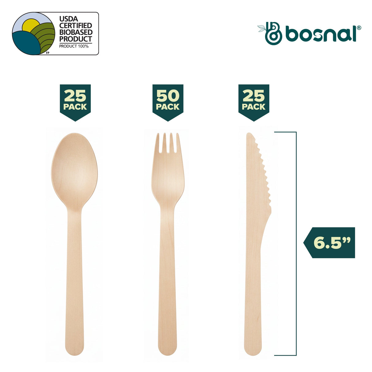 Bosnal – Wooden Disposable Cutlery Set, 6.5 inch, 100 Pcs
